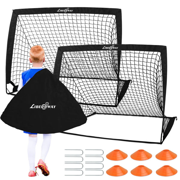 Football Goals for Kids, 4'x 3' Foldable Football Net Set of 2 Post with 6 Football Cones, 8 U-shaped Steel Nails and Carry Bag, Football Training