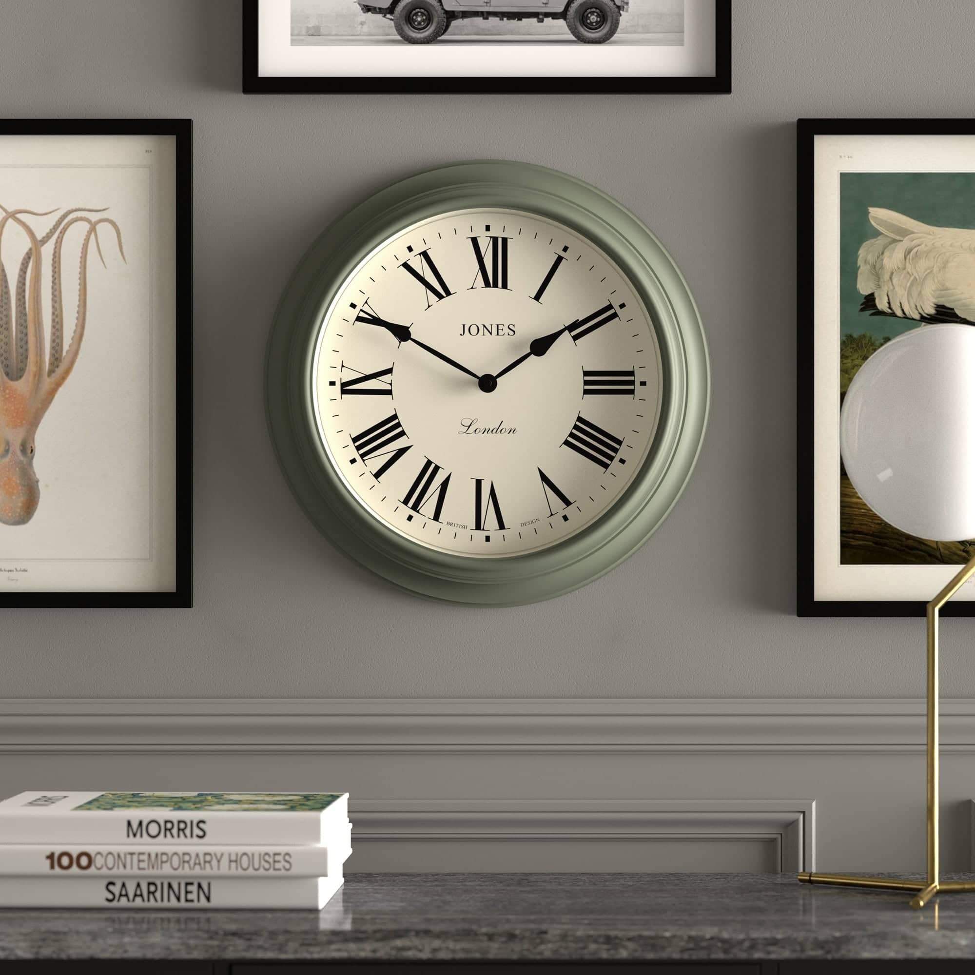 Jones Clocks Supper Club wall clock | Large classic round clock | 40cm | Asparagus green | Roman numerals |Traditional design ideal for kitchen or