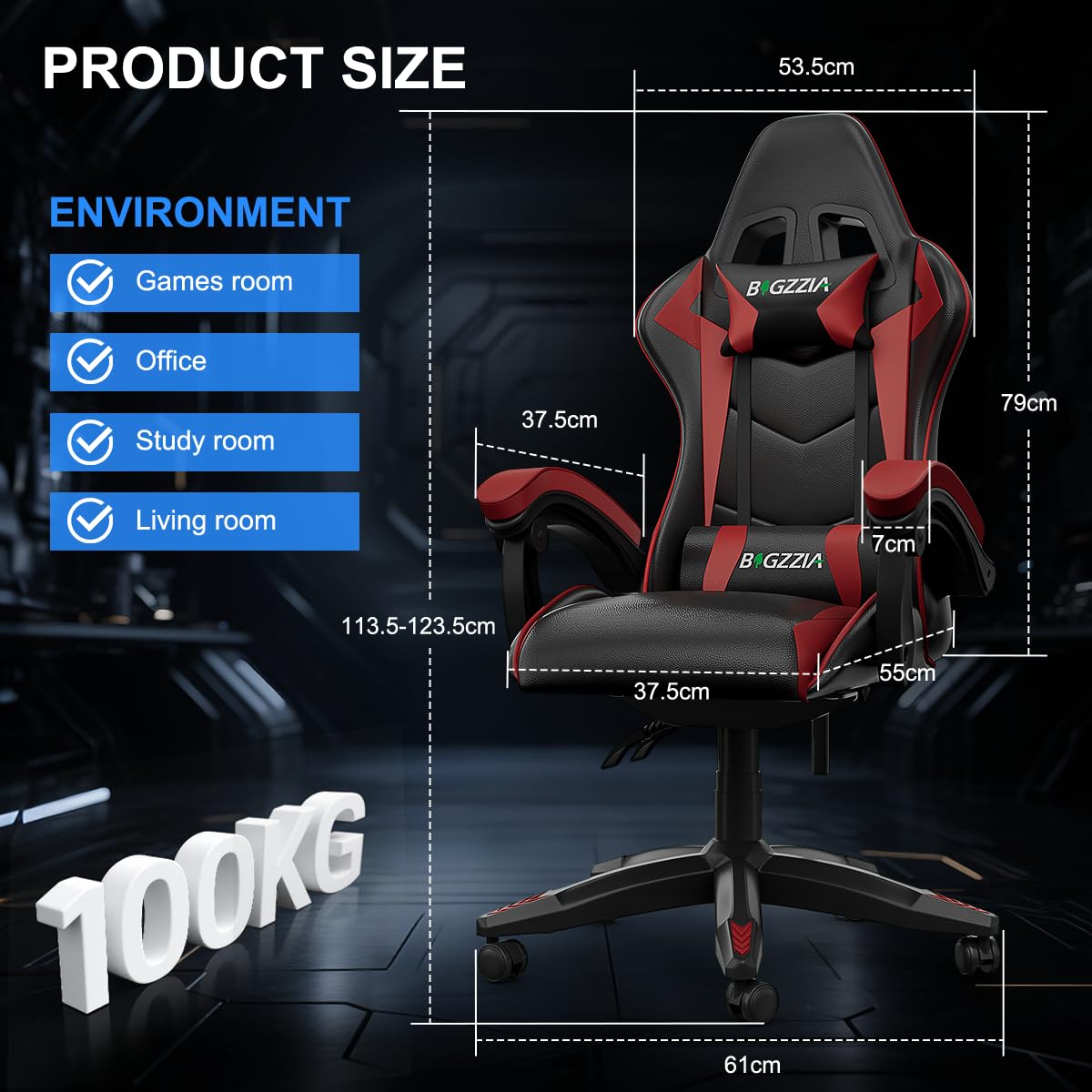bigzzia Ergonomic Gaming Chair - Gamer Chairs with Lumbar Cushion + Headrest, Height-Adjustable Office & Computer Chair for Adults (without footrest, White)