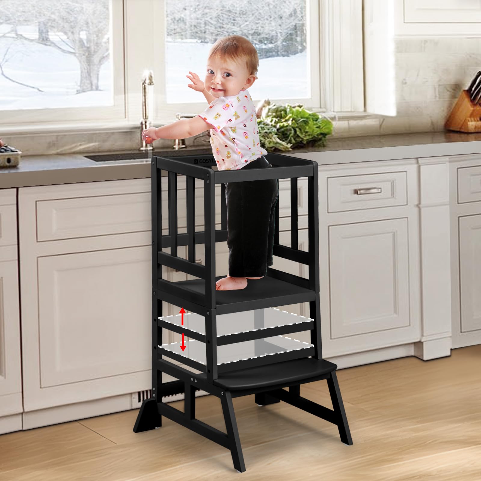 COSYLAND Height Adjustable Kids Kitchen Step Stool with Anti-tip Support Corners - Kids Standing Tower for Kitchen Counter, Bathroom, Nursery (Black)