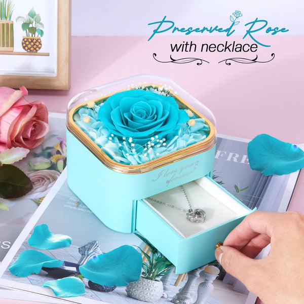 Firestyle Preserved Light Blue Real Rose with I Love You Necklace in 100 Languages Eternal Flowers Rose Gifts for Her Women Mum Wife Girlfriend on