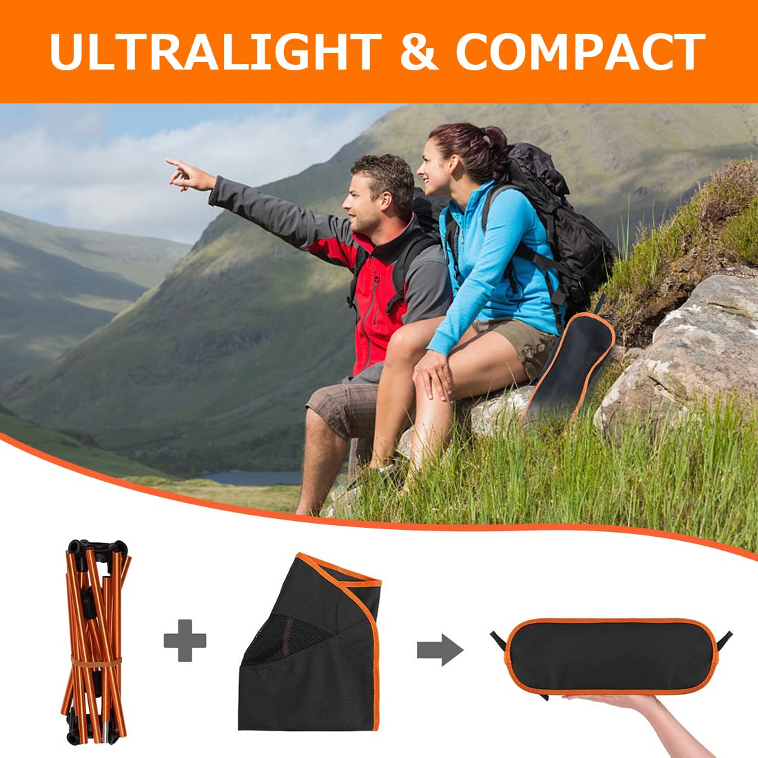 SOPPY Folding Camping Chair Ultra Lightweight, Portable Backpacking Chair, Heavy Duty 135kg Capacity, Outdoor Chairs with Carry Bag for Camping, Garden, Fishing, Beach,BBQs - Orange