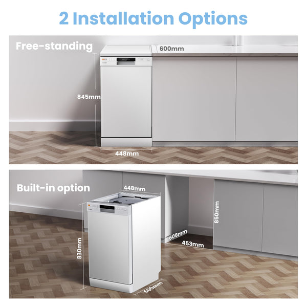 COMFEE' Freestanding Dishwasher CDWEF1034BW-UK 45cm Width, Slimline Dishwasher with 10 place settings, Quick Wash, Hygiene Wash, Delay Start, Half Load, Adjustable Basket - White