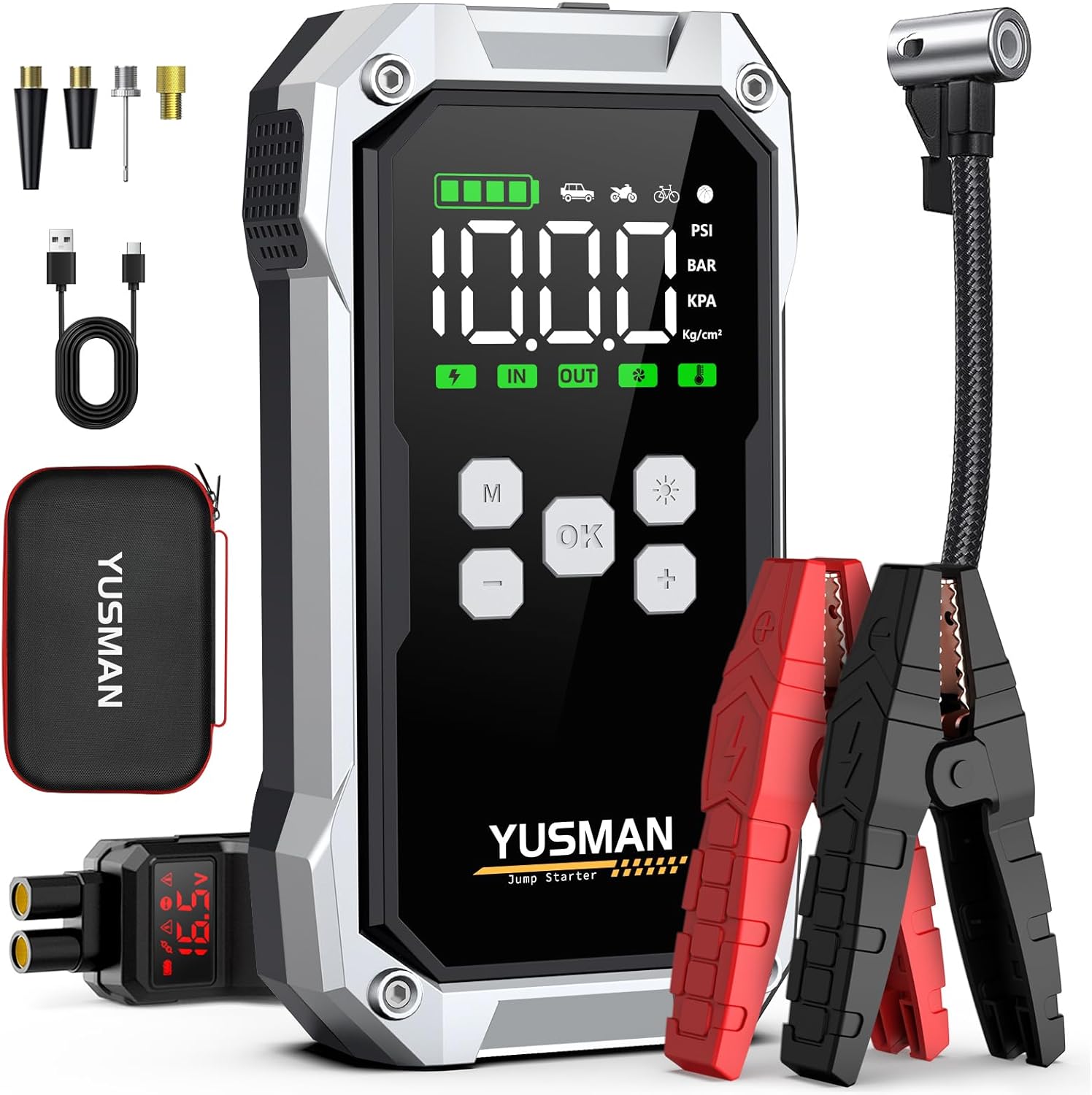 Jump Starter Power Pack with Air Compressor, 7000A 150PSI Portable Car Battery Booster (All Petrol/10L Diesel), 12V Car Jump Starter Power Bank with Jump Leads, LCD Screen, 2 LED Light