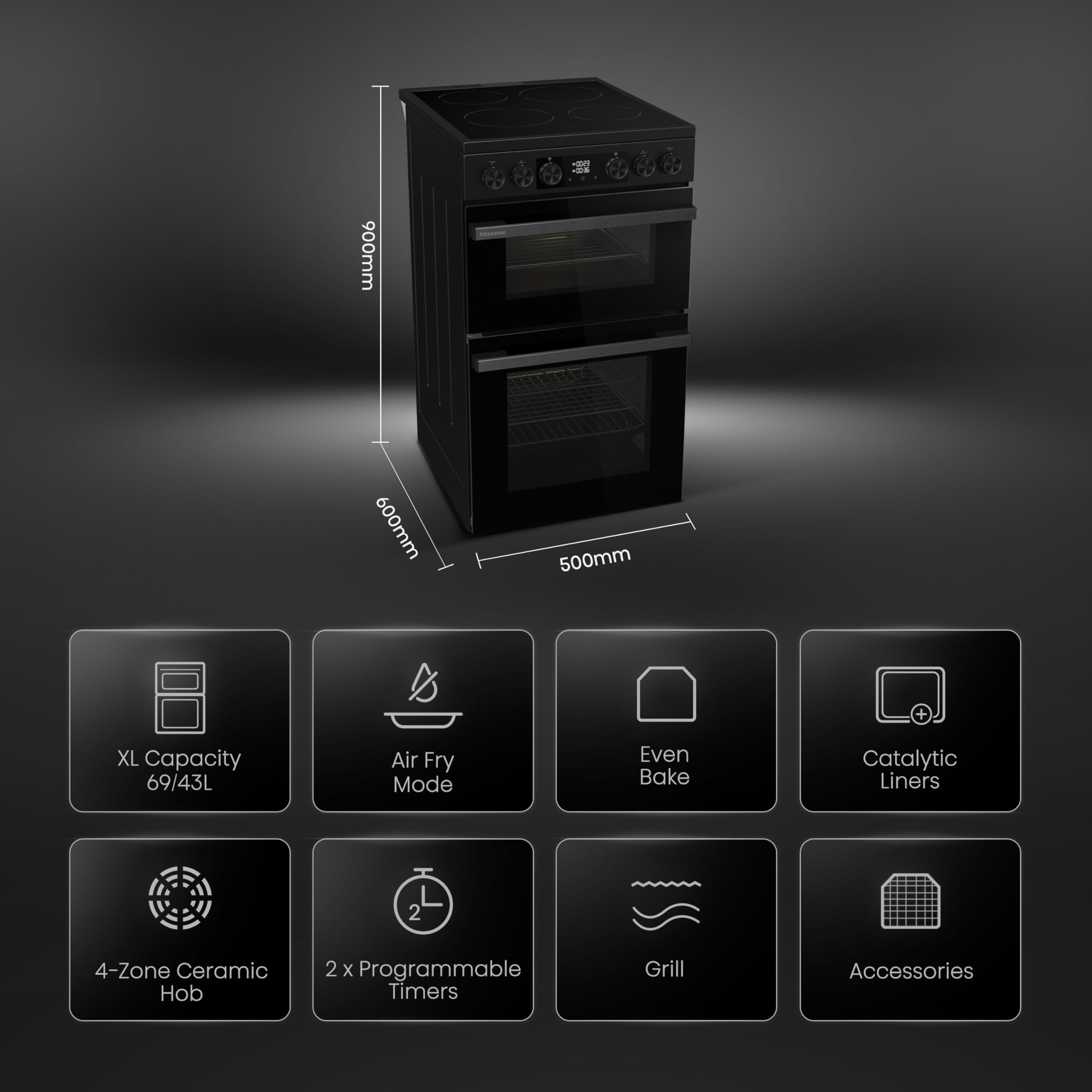 Hisense HDE3211BBUK 60cm Electric Cooker with Ceramic Hob-Black , A Rated Double Oven