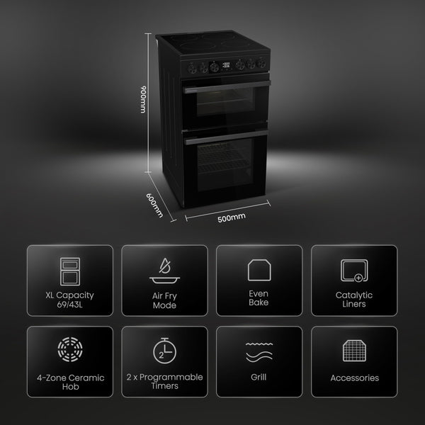 Hisense HDE3211BBUK 60cm Electric Cooker with Ceramic Hob-Black , A Rated Double Oven