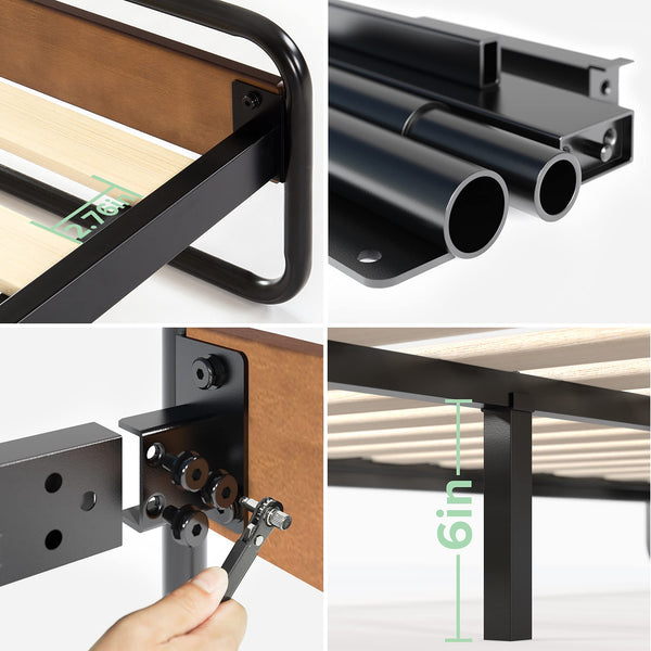 Zinus Therese Single Bed frame - Bed 90x190 cm - 20 cm Height - Metal and Wood Platform bed frame with wood slat support - Brown