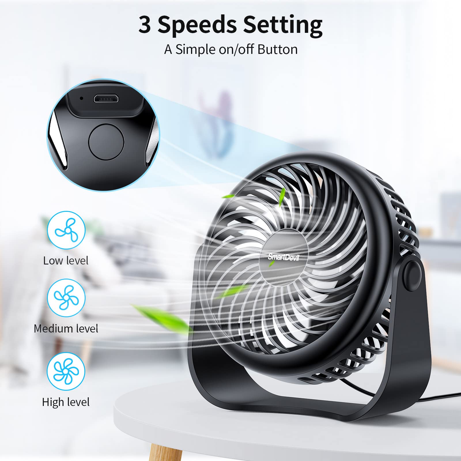 SMARTDEVIL Desk Fan, 3 Speeds Mini Desktop USB Desk Fan, 360° Adjustment Small Personal Table Fan for Home Office Car Outdoor Travel (Black)