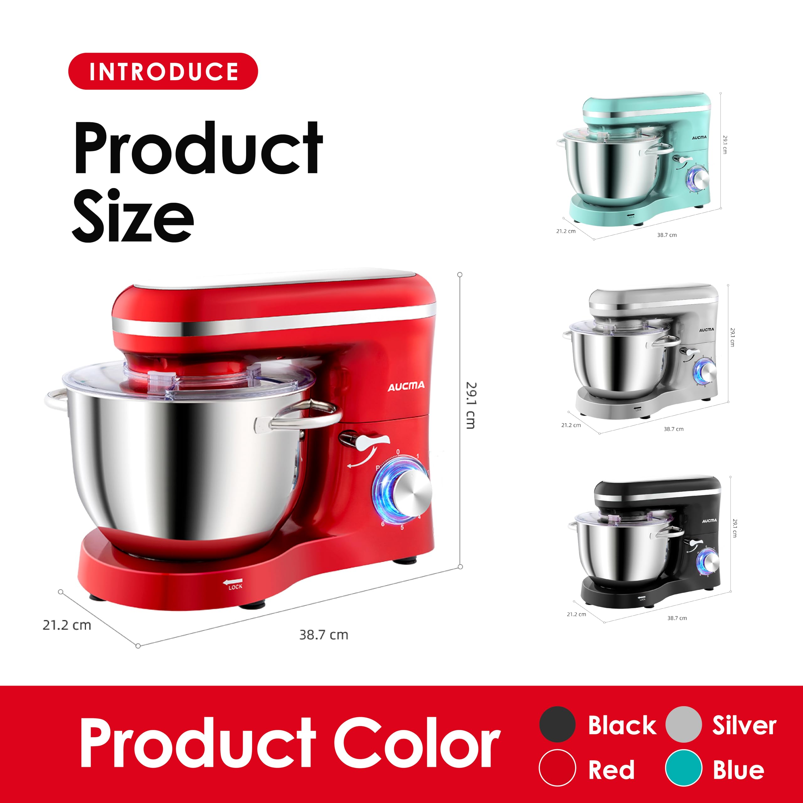 Aucma Stand Mixer, 6.2L Food Mixers for Baking, Electric Kitchen Mixers with Bowl, Dough Hook, Wire Whip & Beater (6.2L, Black)