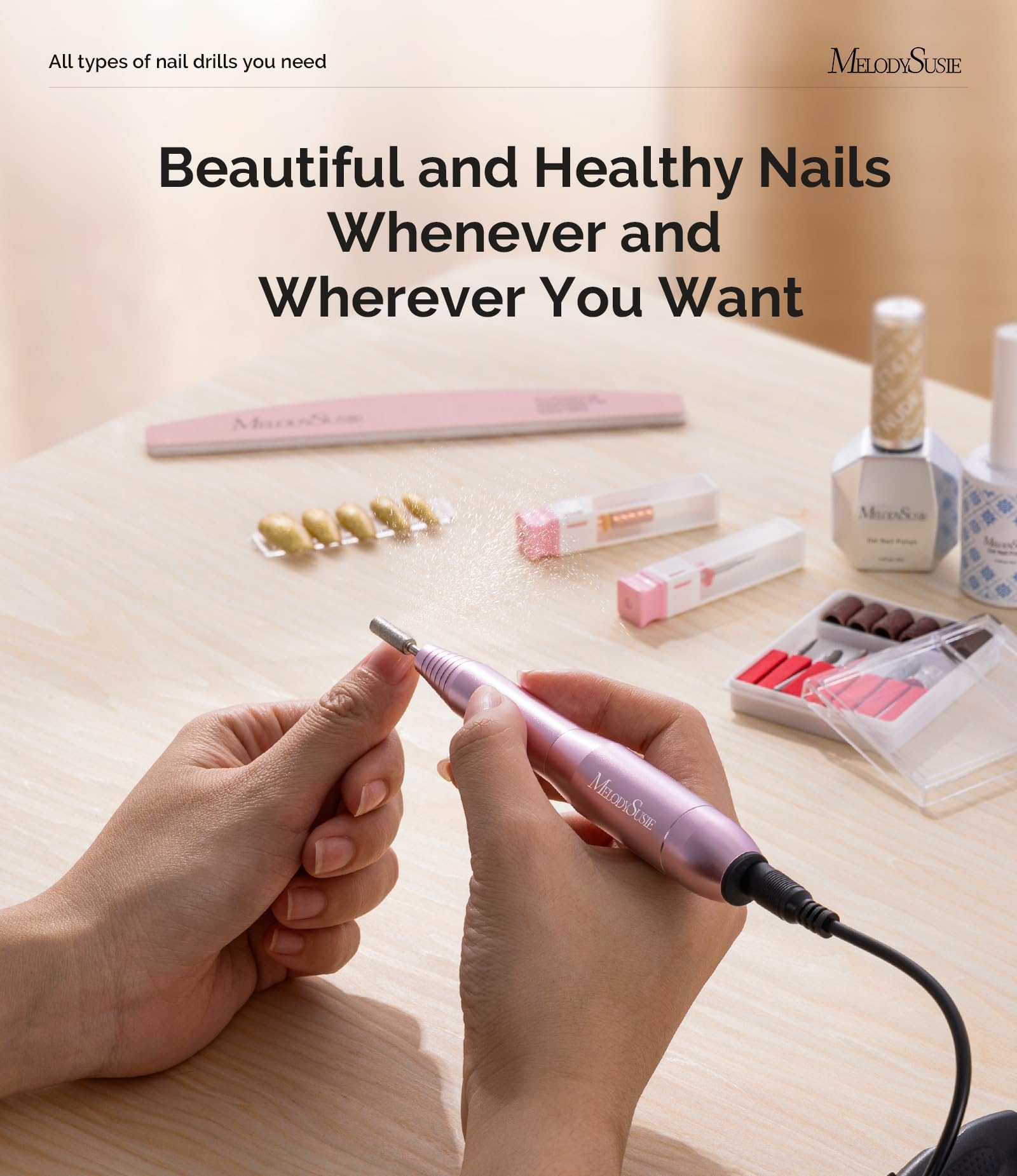 MELODYSUSIE Sheen Electric Nail Files 20000RPM for Beginners, Professional Compact Nail Drill Machine Set for Acrylics Nails, Efile with Nail Clippers Manicure and Pedicure Set, with UK Plug, Gold