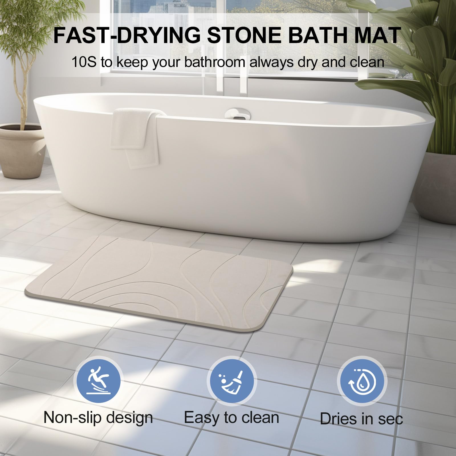 HUMIGA Stone Bath Mat, 2 Pack Diatomaceous Earth Shower Mat, Non-Slip Super Absorbent Quick Drying Bathroom Floor Mat, 24x15, Greyish White