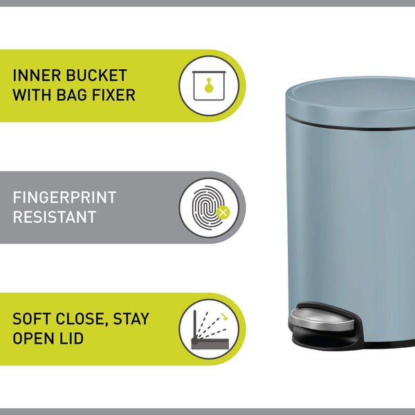 EKO Eva Pedal Bathroom Bin 5 Litres, Rubbish Bin with Soft Close Lid, Removable Inner Bucket, Perfect for Bathroom, Bedroom & Home, Titanium Blue