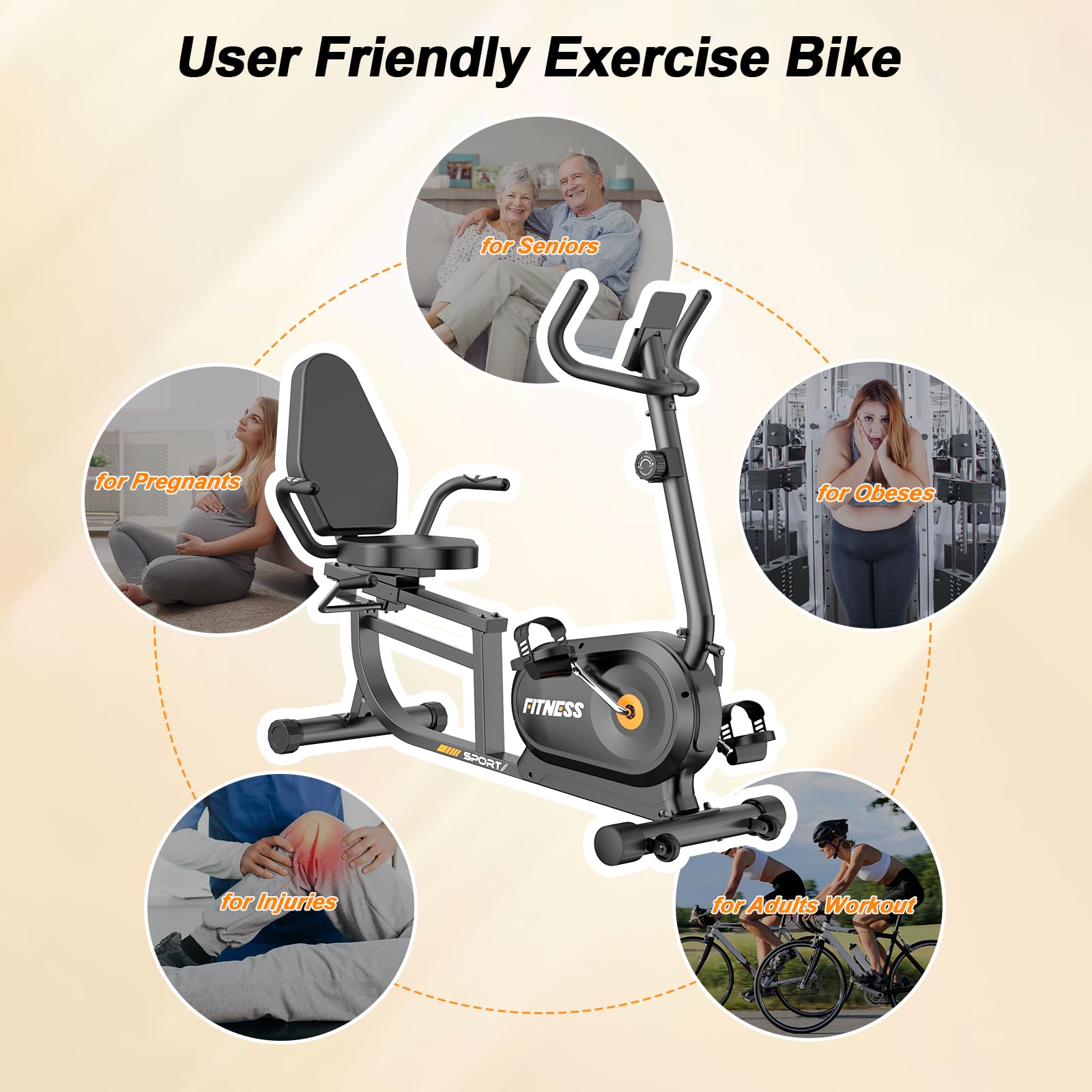 Jupgod Recumbent Exercise Bike, Recumbent Stationary Bike, 150KG Weight Capacity & 8-level Resistance, Magnetic Recumbent Bike with LCD Monitor, Heart Rate Handle