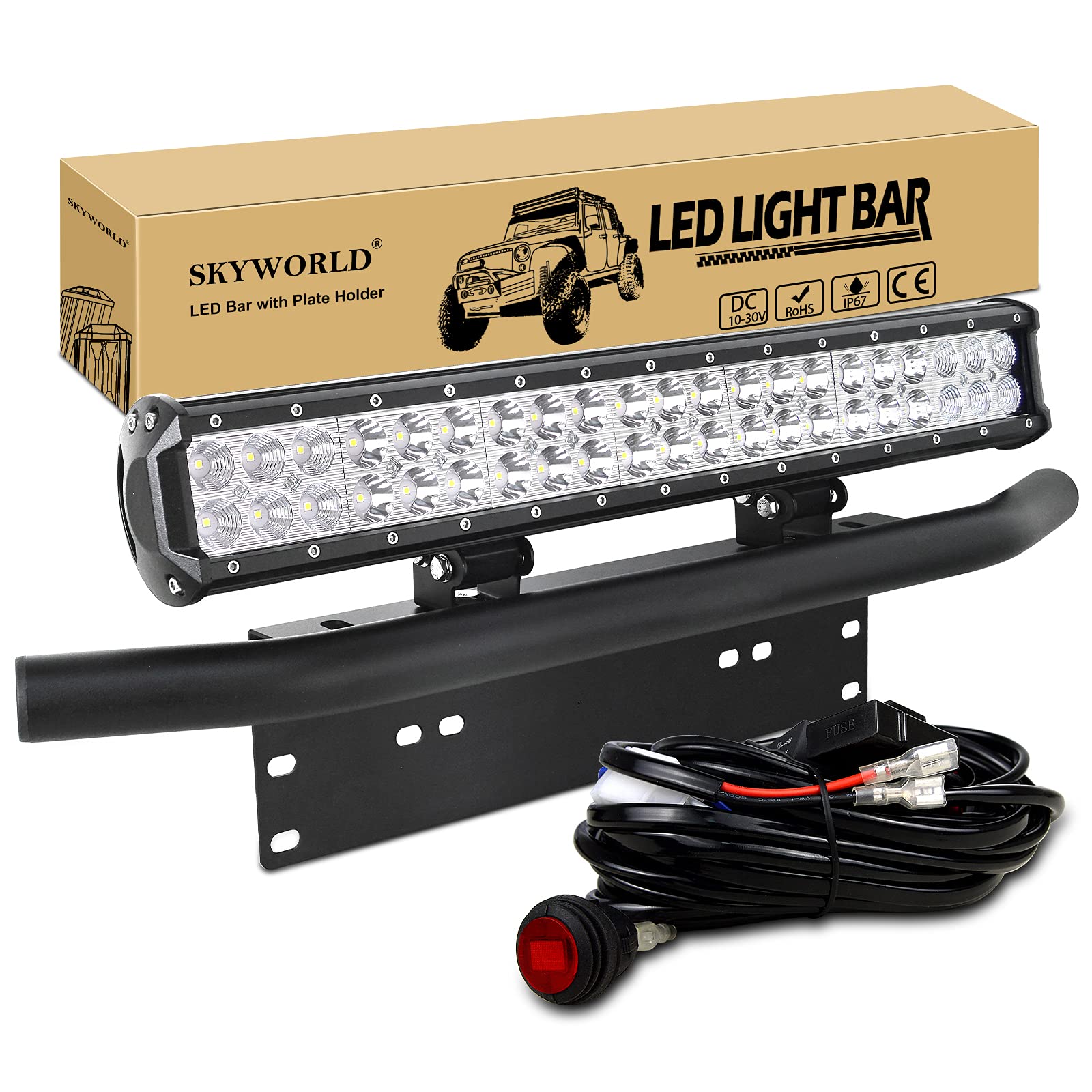 SKYWORLD LED Light Bar, 20 inch 126W Spot Flood Combo Beam Work Driving Lamp with Black License Plate Mounting Bracket Wiring Harness Kit for Truck Car ATV SUV 4X4 Truck Boat