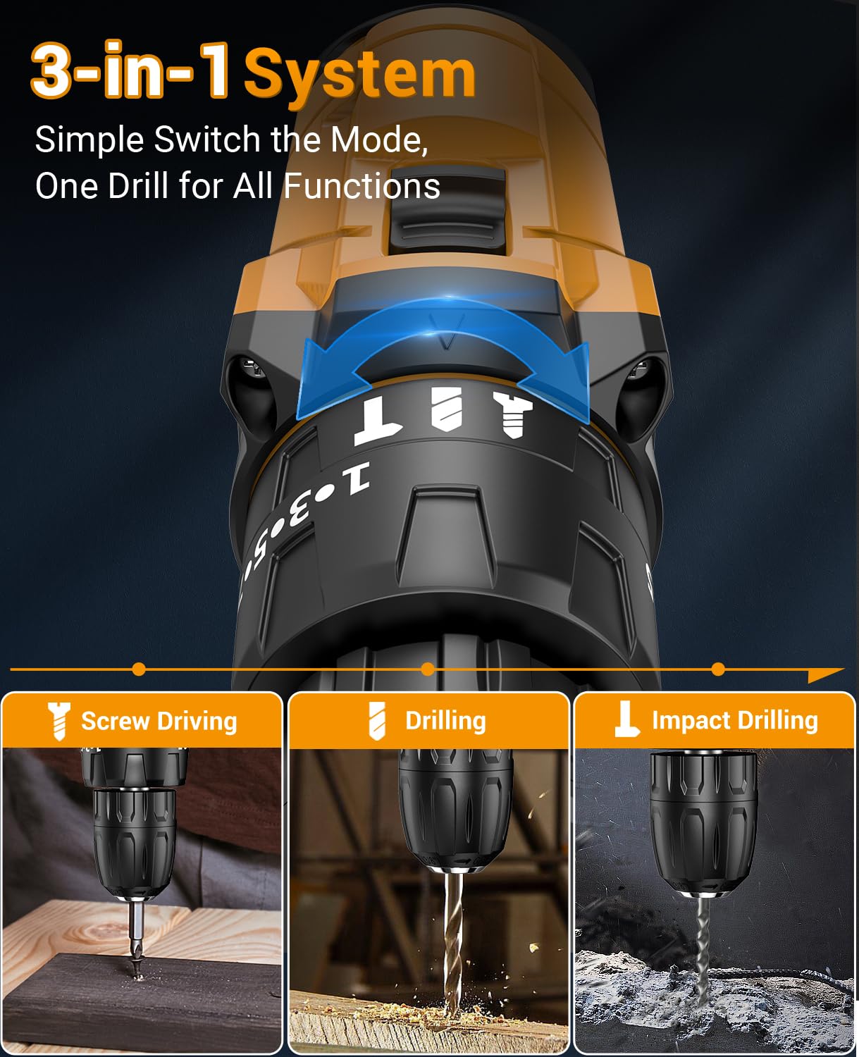 DYJPOW Brushless Cordless Hammer Drill Driver 21V, 2 Batteries 2000mAh, 20+3 Torque, 45N.m Max, 14PCS Drill Bits, 2 Speed, LED Light for Home, Garden DIY