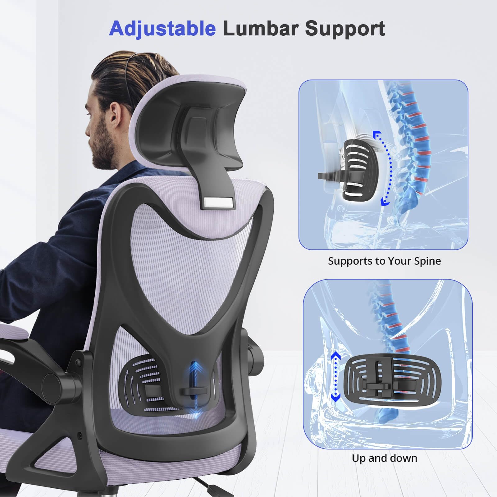 Office Chair - Ergonomic Desk Chair with Lumbar Support Headrest Adjustable, Padded Flip-up Armrests Comfy Seat Cushion High Back Executive Manager Chair For Home Office