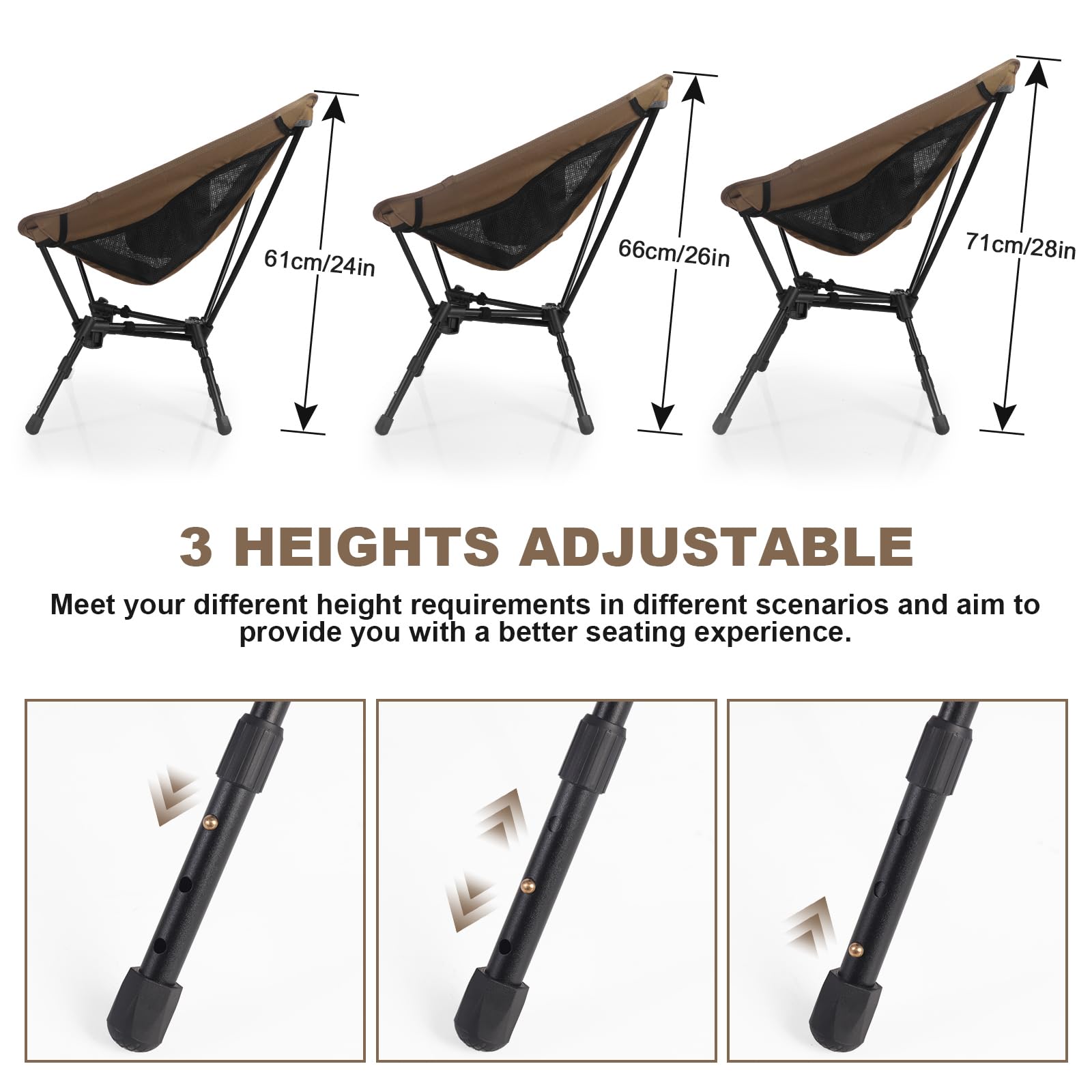 Portable Folding Camping Chair: Lightweight Height Adjustable Camping Chairs Stable Supports 330 Lbs with Side Pockets for Outdoor Camp, Travel, Beach, Lawn (Black)