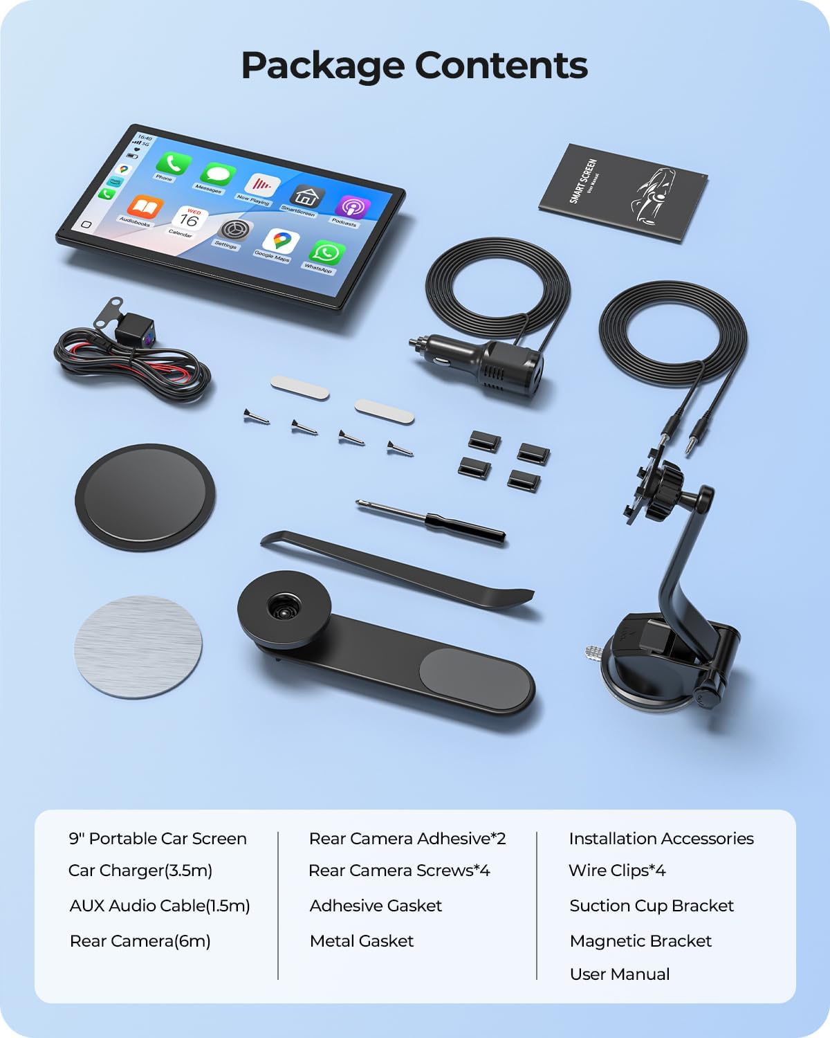 9" Wireless Portable 60FPS Car Screen for Apple CarPlay & Android Auto, 1024*600 HD Display, Magnetic Mount, OTA, Portrait and Landscape Modes, Backup Camera, Bluetooth, Voice Control, GPS Navigation