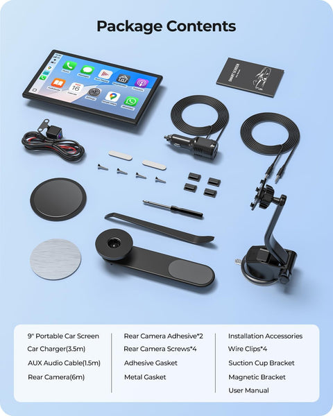 9" Wireless Portable 60FPS Car Screen for Apple CarPlay & Android Auto, 1024*600 HD Display, Magnetic Mount, OTA, Portrait and Landscape Modes, Backup Camera, Bluetooth, Voice Control, GPS Navigation