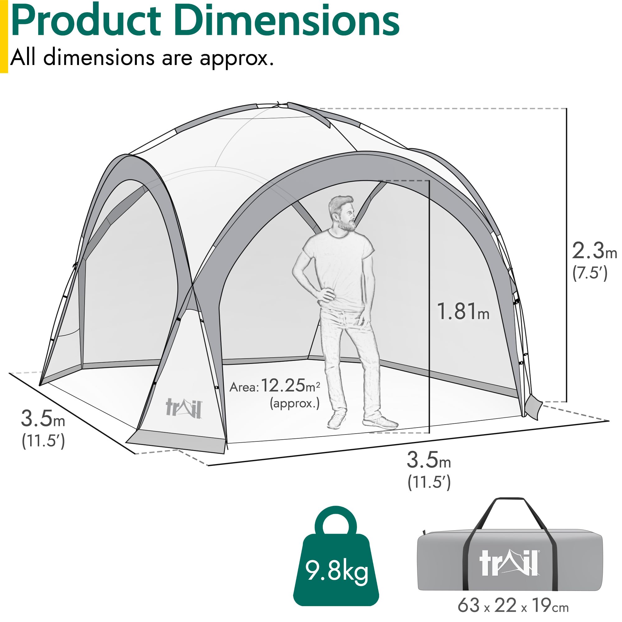 Trail Gazebo with Zip Away Sides, Dome Event Shelter for Outdoor Camping Garden Festival, Waterproof 2000mm, UPF50+ UV Sun Protection, Travel Bag, 3.5m x 3.5m x 2.3m (Grey)