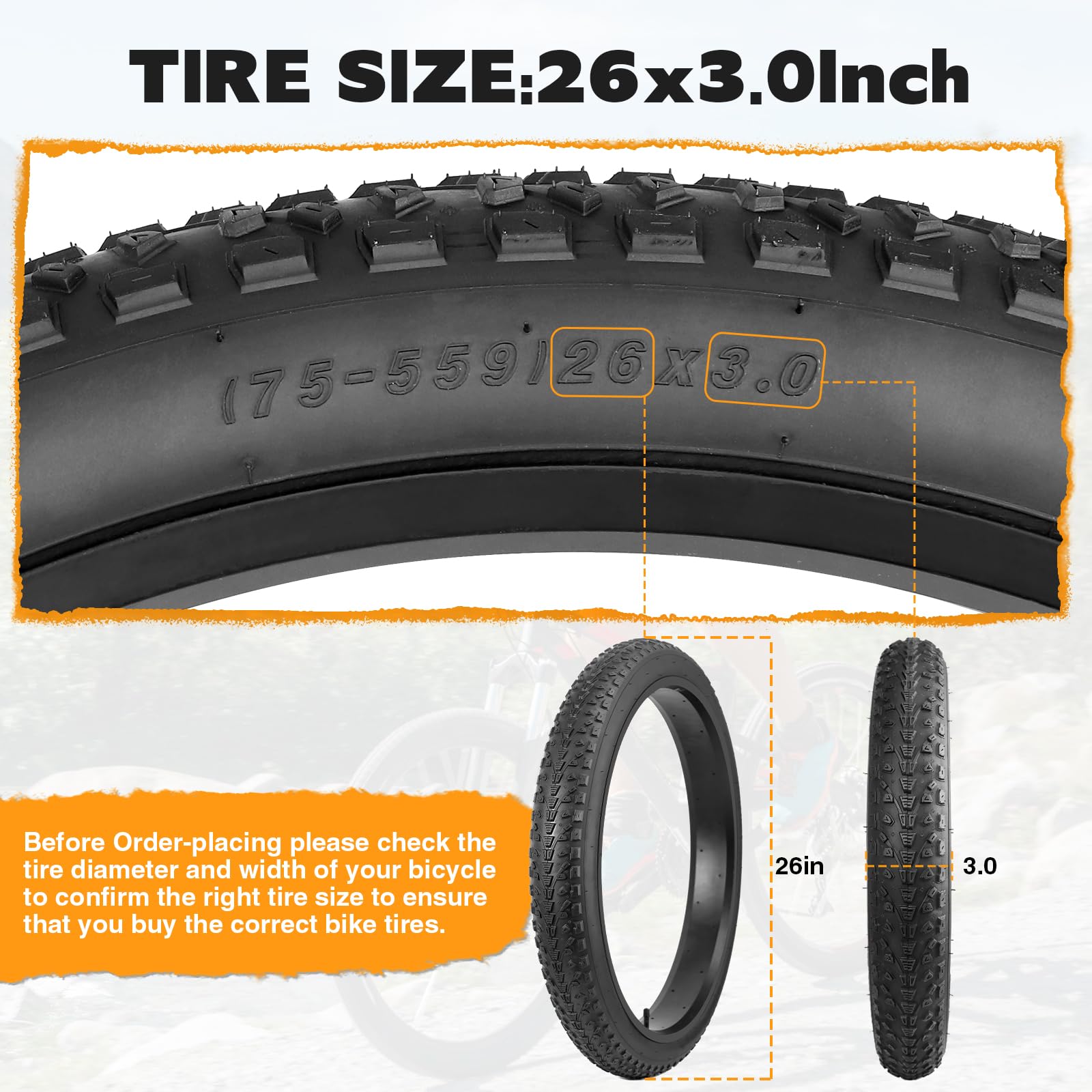 GRELiving Pack of 2 E-Bike Tyres 20/24/26/27.5 x 3.0 Inch Bicycle Tyre Heavy Duty Fat Tyre (26x3.0 Inch)