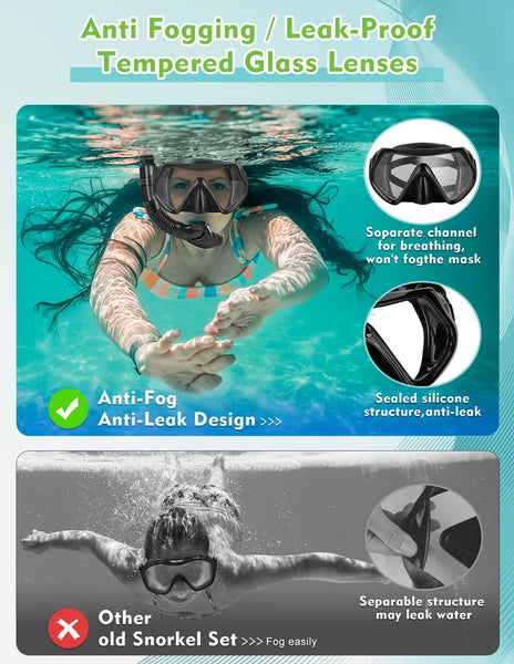 Hydomi Snorkel Set Adults 180° Panoramic Anti-Fog Snorkel Mask with Dry Top Valve, Leak-Proof Tempered Glass Diving Set for Swimming Snorkeling, Travel-Friendly Kit with Adjustable Straps