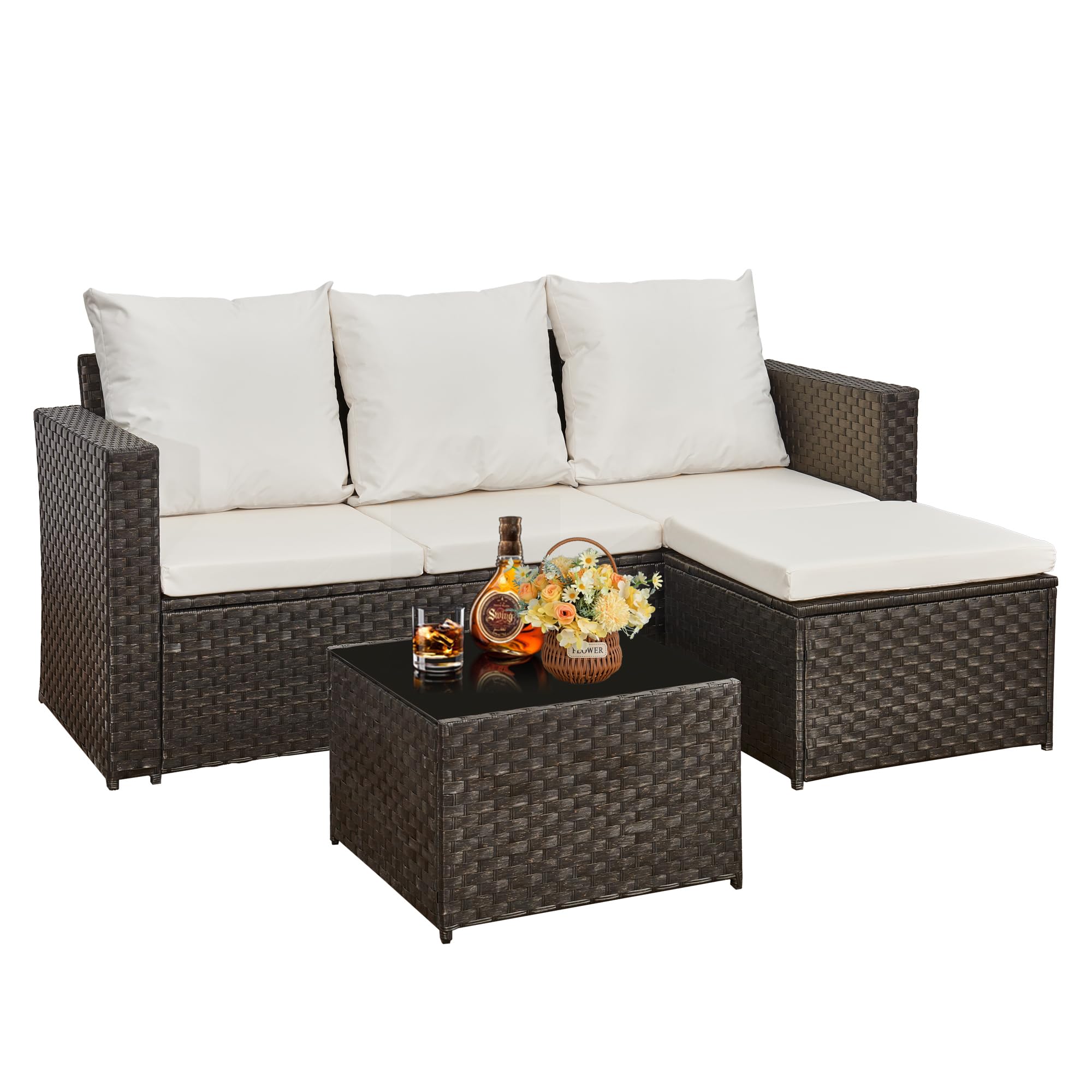 AOUXIN 3 Pieces Rattan garden furniture Patio Furniture Sets All Weather Outdoor Sectional Patio Sofa Manual Weaving Wicker Rattan Corner Sofa with Grey Cushions and Glass Table