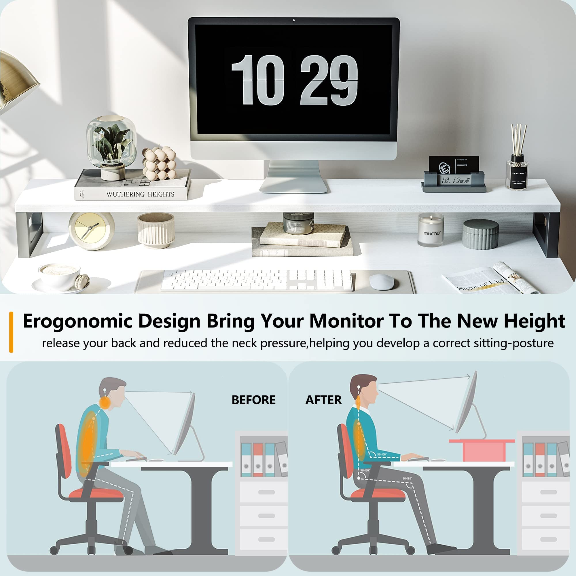 CubiCubi Computer Desk with Monitor Stand and Storage Shelves, 120cm Home Office Desk Study Writing Table, White