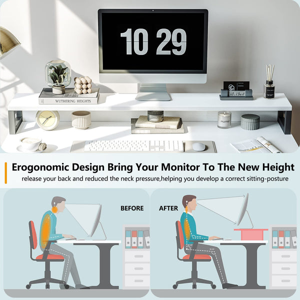 CubiCubi Computer Desk with Monitor Stand and Storage Shelves, 120cm Home Office Desk Study Writing Table, White