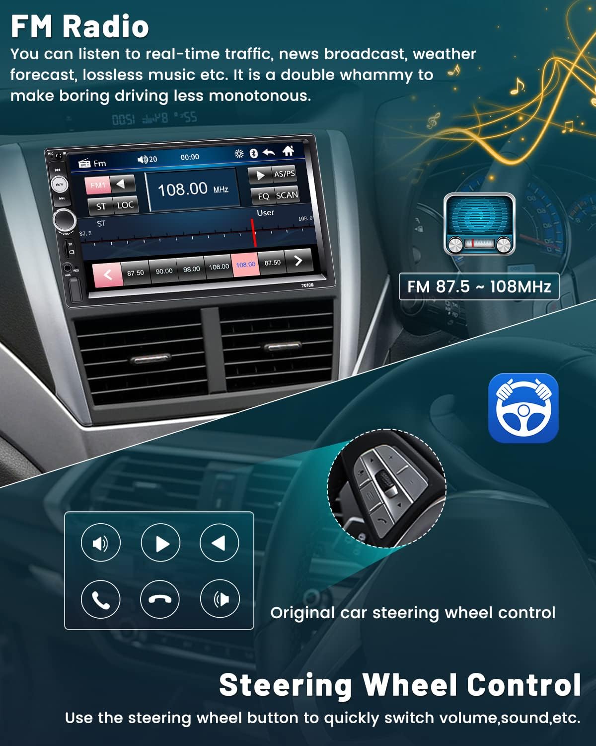 Double Din Car Stereo 7 Inch 7" Touchscreen iOS Carplay / Android 11 auto Car Stereo Head unit Radio GPS WiFi MP5 Double 2Din + Reverse Camera