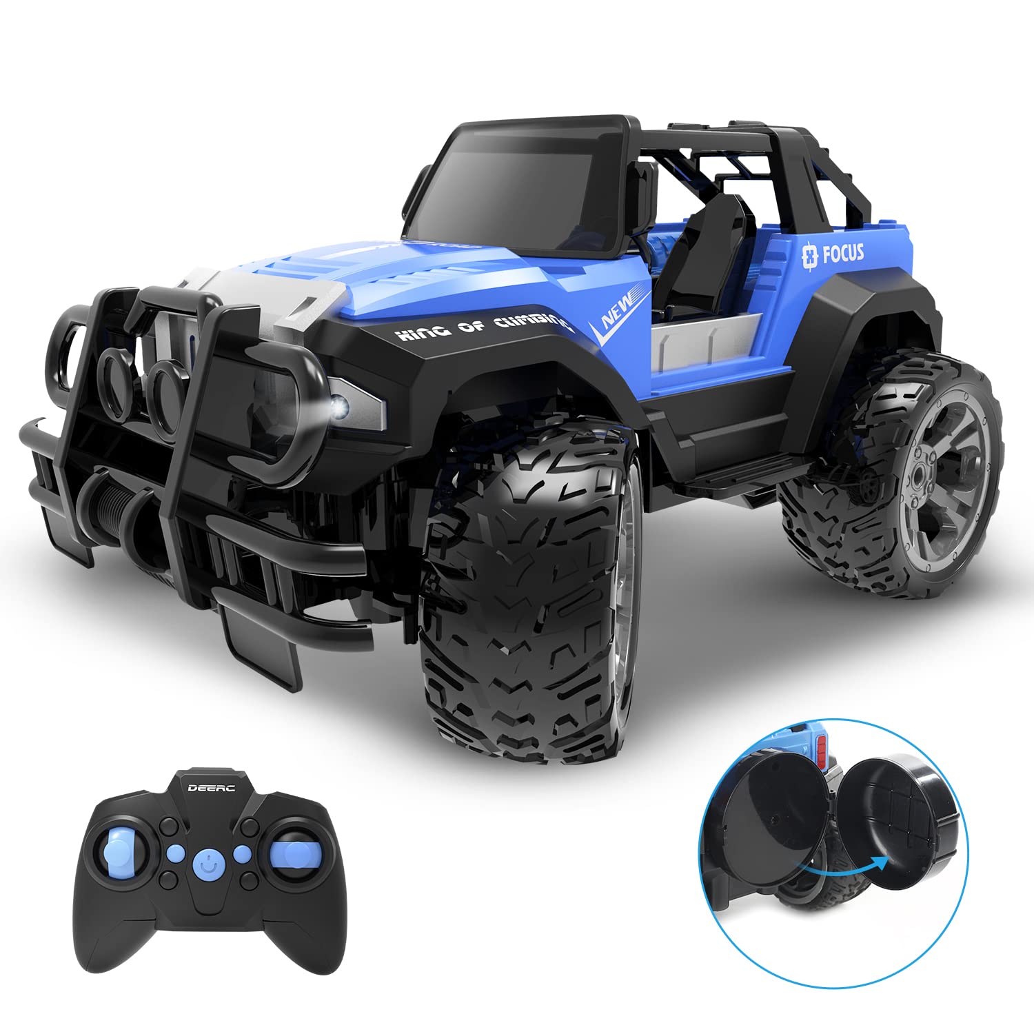 DEERC RC Cars Remote Control Car 1:14 Off Road Monster Truck,Metal Shell 4WD Dual Motors LED Headlight Rock Crawler,2.4Ghz All Terrain Hobby Truck with 2 Batteries for 90 Min Play,Boy Adult Gifts