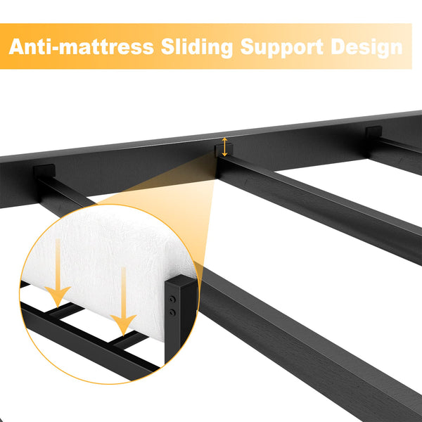 Yornoli Double Bed Frames with Headboard 4ft6 Black Metal Double Bed Frame with Storage Heavy Duty Non-Slip with Steel Slats No Box Spring Needed