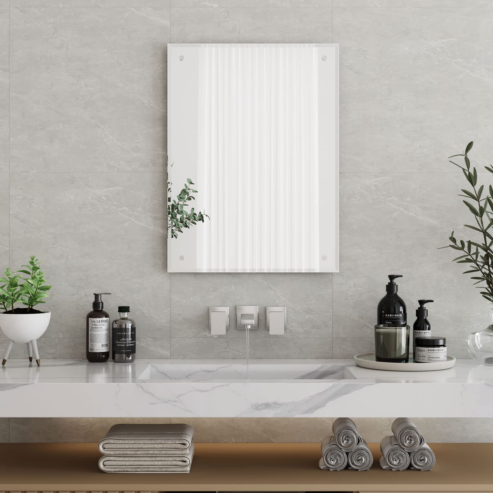 Dripex 60 x 45cm Frameless Rectangle Mirror, Wall Mounted Bathroom Mirror with Bevelled Edge & Pre-Drilled Holes, Horizontal or Vertical Hanging for