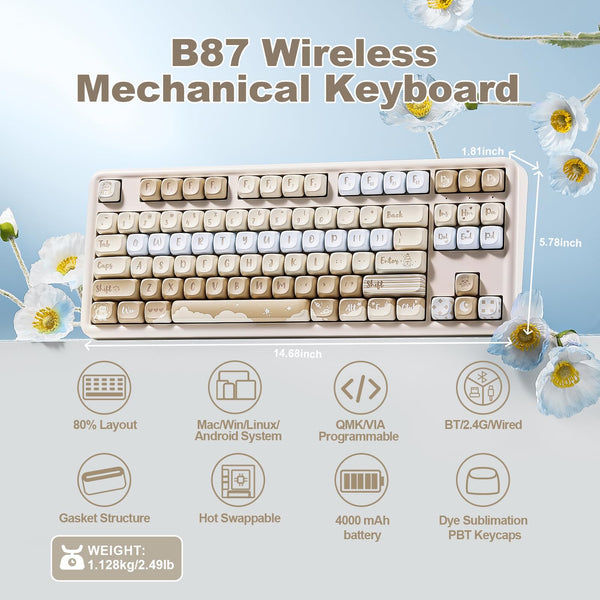 YUNZII B87 Wireless Mechanical Keyboard,QMK/VIA Software Custom Gaming,Gasket RGB Keyboard with Cute MOA Keycaps,Wrist Rest,BT5.0/2.4G/USB-C NKRO for Win/Mac (butter, milk v2 linear)