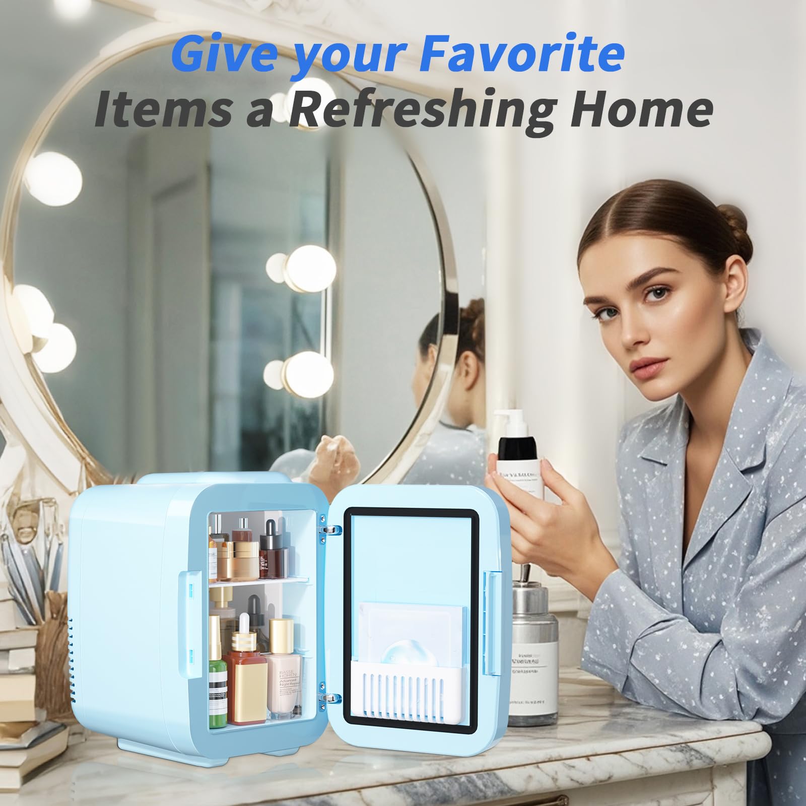 YASHE Mini Fridge for Bedroom, Skincare Fridge with LED Light Mirror, 4L Small Fridge Portable,220V AC/ 12V DC Thermoelectric Warmer & Cooler for Car Office Dorm(Blue)