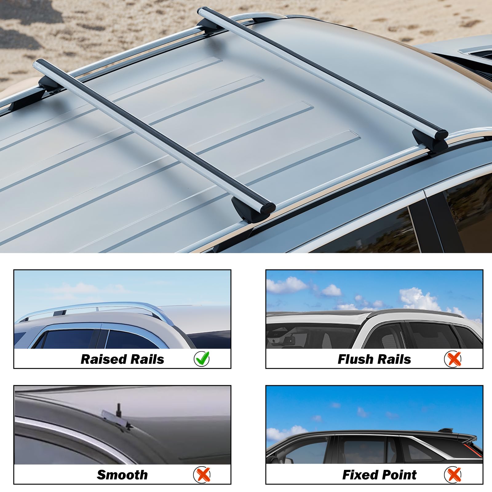 COWVIE 135cm Roof Rack Cross Bars, Adjustable Aluminum Roof Bars, Fits Most Existing Raised Side Rails with Gap - White