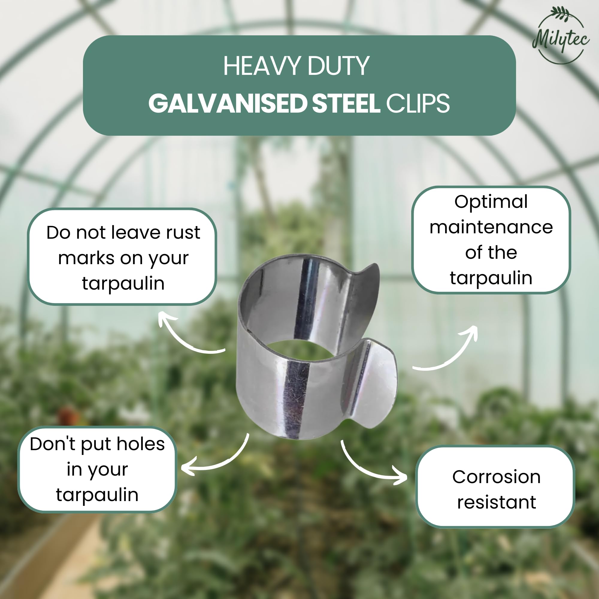 Pack of 50 Greenhouse Clips, Diameter 25 mm, Galvanised Steel, Metal Fixing Clips for Greenhouse Tarpaulin Tunnel for Garden, Seeding and Planting