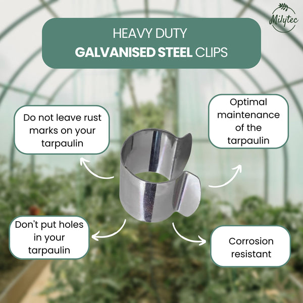 Pack of 50 Greenhouse Clips, Diameter 25 mm, Galvanised Steel, Metal Fixing Clips for Greenhouse Tarpaulin Tunnel for Garden, Seeding and Planting