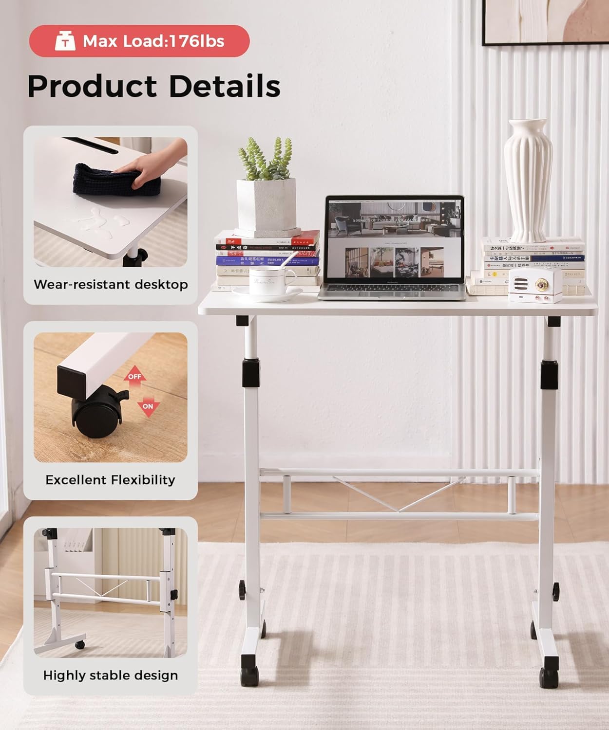 Standing Desk Adjustable Height, Mobile Stand Up Desk with Wheels Small Computer Desks, Home Office Desk, Rolling Desks, Portable Laptop Desk White Standing Table 80 x40 cm Height 70-110 cm