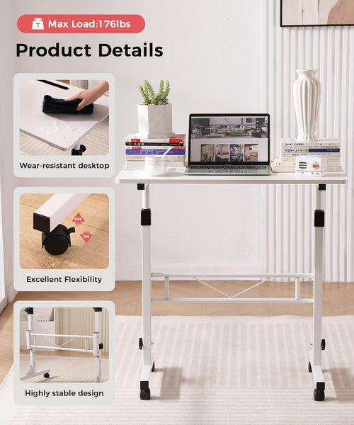 Standing Desk Adjustable Height, Mobile Stand Up Desk with Wheels Small Computer Desks, Home Office Desk, Rolling Desks, Portable Laptop Desk White Standing Table 80 x40 cm Height 70-110 cm