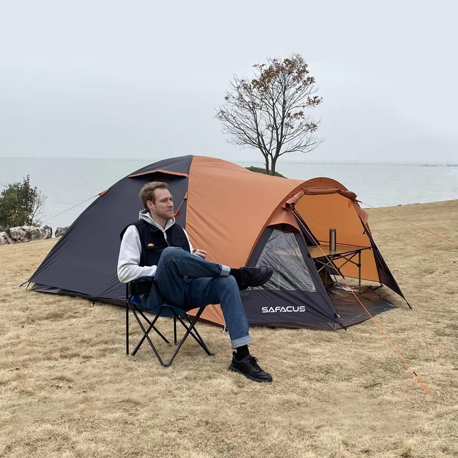 SAFACUS 3-4 Person Dome Camping Tent, Double layer, Full Waterproof Holiday Family 3 to 4 Man Tent, Easy to Set Up for Outdoors Hiking Fishing Traveling Beach Vacation