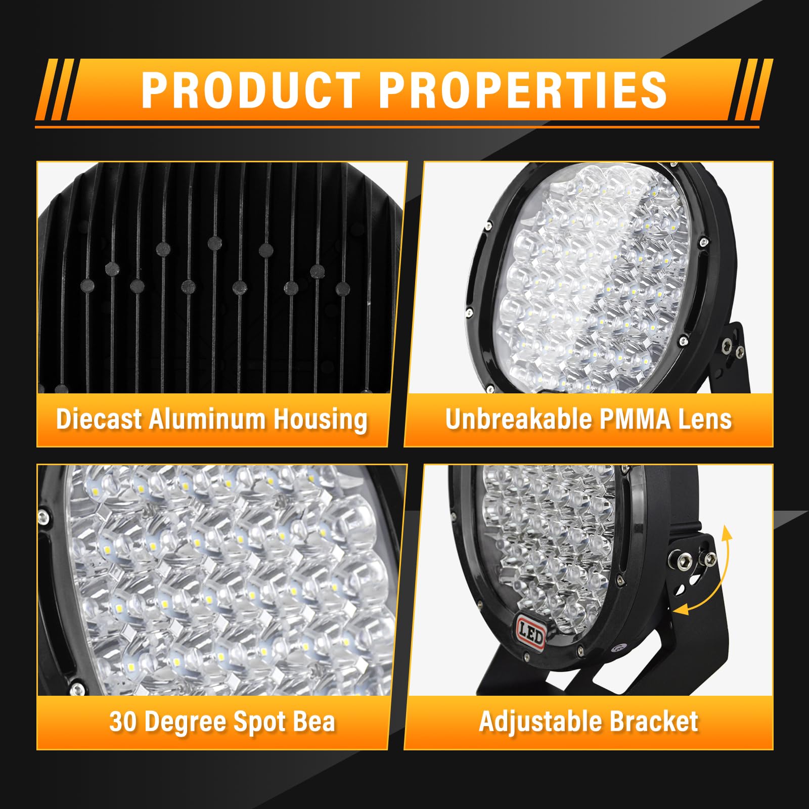 RIGIDON 2 Pcs Black Case Round Led Work Light, 9 inch 294W Spot Beam, 12V 24V Driving Lights Lamp Headlight for Car Off road Boat Truck 4x4 SUV ATV Tractors Excavator, 6000K White, Fog Lamp