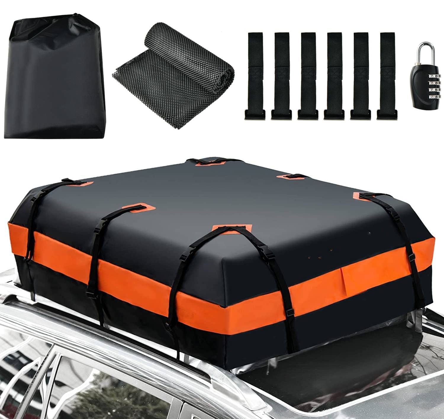 COSTWAY 15/21 Cubic Feet Car Roof Bag, 100% Waterproof Roofing Cargo Carrier with Anti-Slip Mat, Combination Lock & Straps, Rooftop Luggage Storage Box (Black, 21 Cubic Ft/600L)