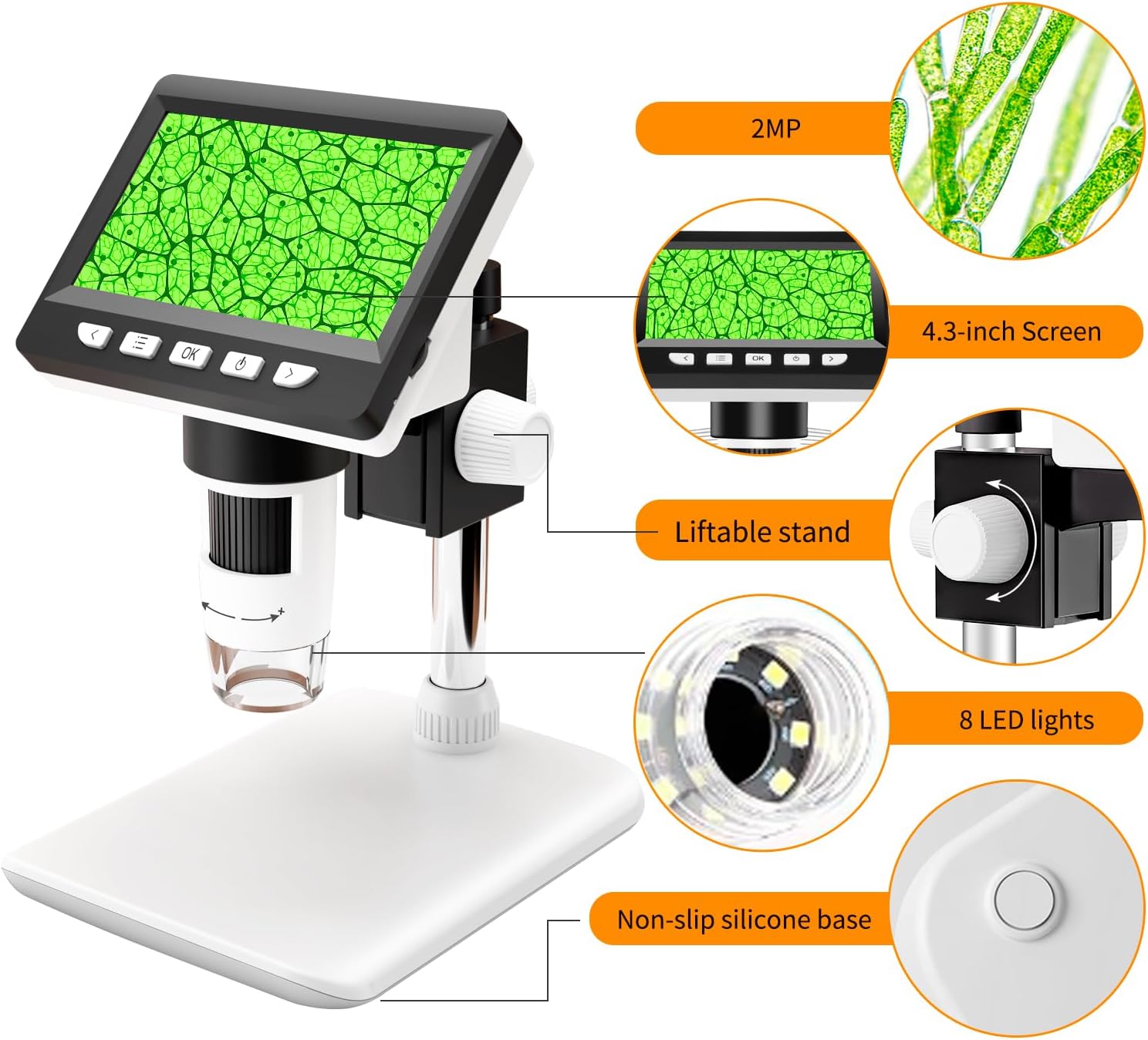 GlobalCrown Digital Microscope for Kids Adults,50-1000X Magnification Microscopes with 4.3 Inch Screen,Coin Microscope with 8 Adjustable LED Light Soldering Magnifier,Windows Mac Compatible