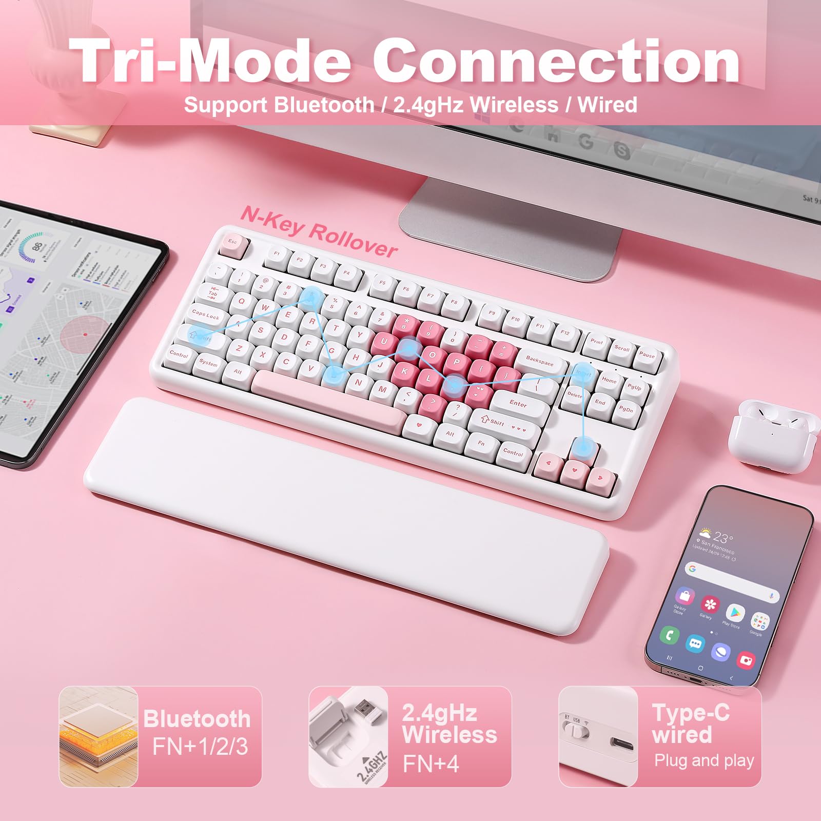 YUNZII B87 Wireless Mechanical Keyboard,QMK/VIA Software Custom Gaming,Gasket RGB Keyboard with Cute MOA Keycaps,Wrist Rest,BT5.0/2.4G/USB-C NKRO for Win/Mac (butter, milk v2 linear)