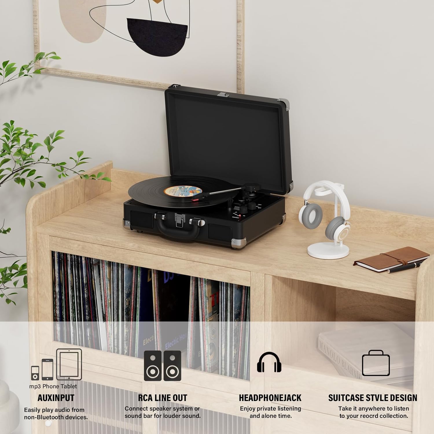 DIGITNOW!Three Speeds Turntable Retro Record Player with Built-in Stereo Speakers, Supports USB, RCA Output , Headphone Jack , MP3 , Mobile Phones Music Playback,Suitcase Design