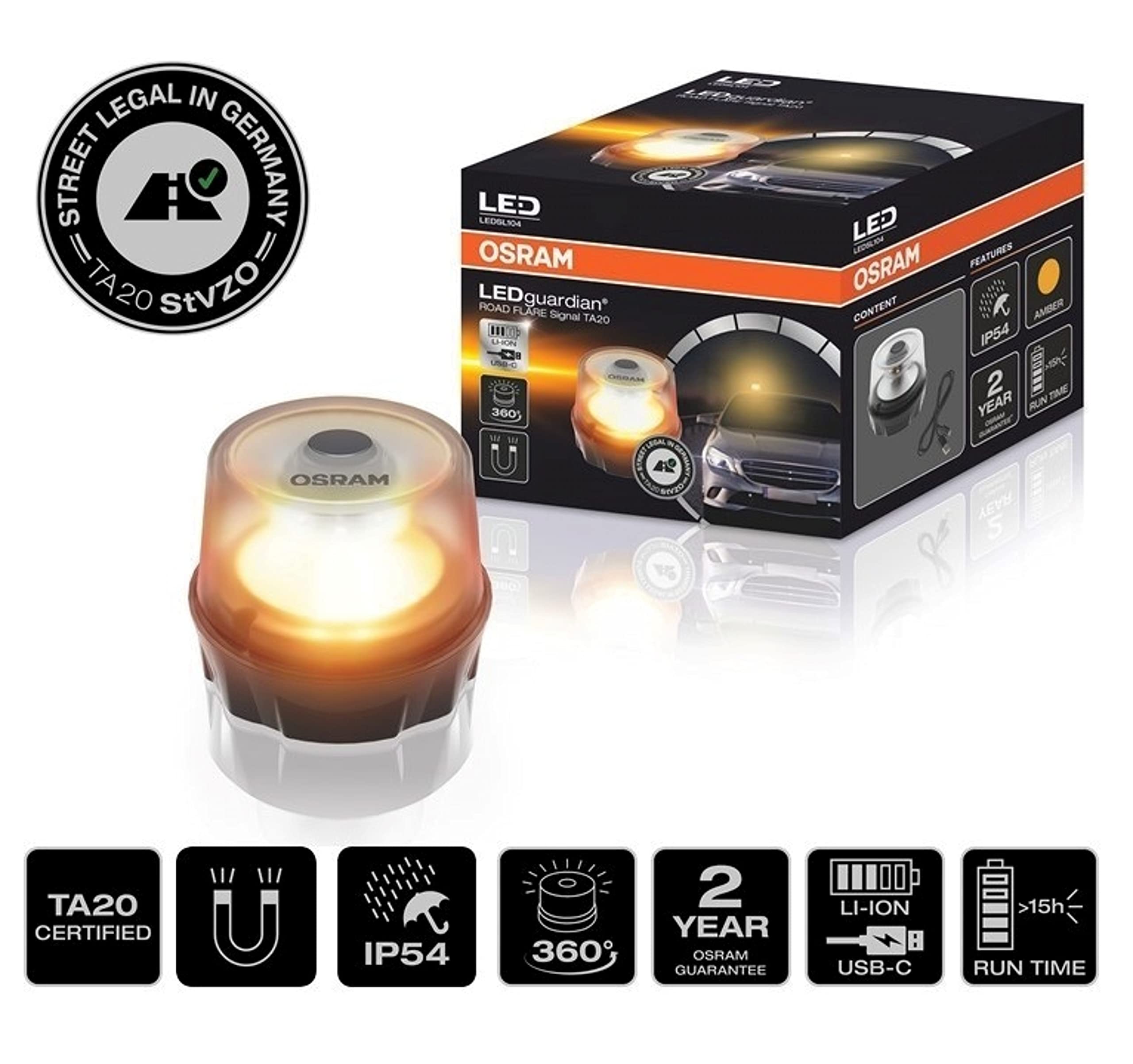 OSRAM LEDSL102 Ledguardian Road Flare Sign V16 Emergency Light for Cars, Breakdown Light, Car Emergency Beacon, Round Safety Warning Light for Vehicles and Motorcycles