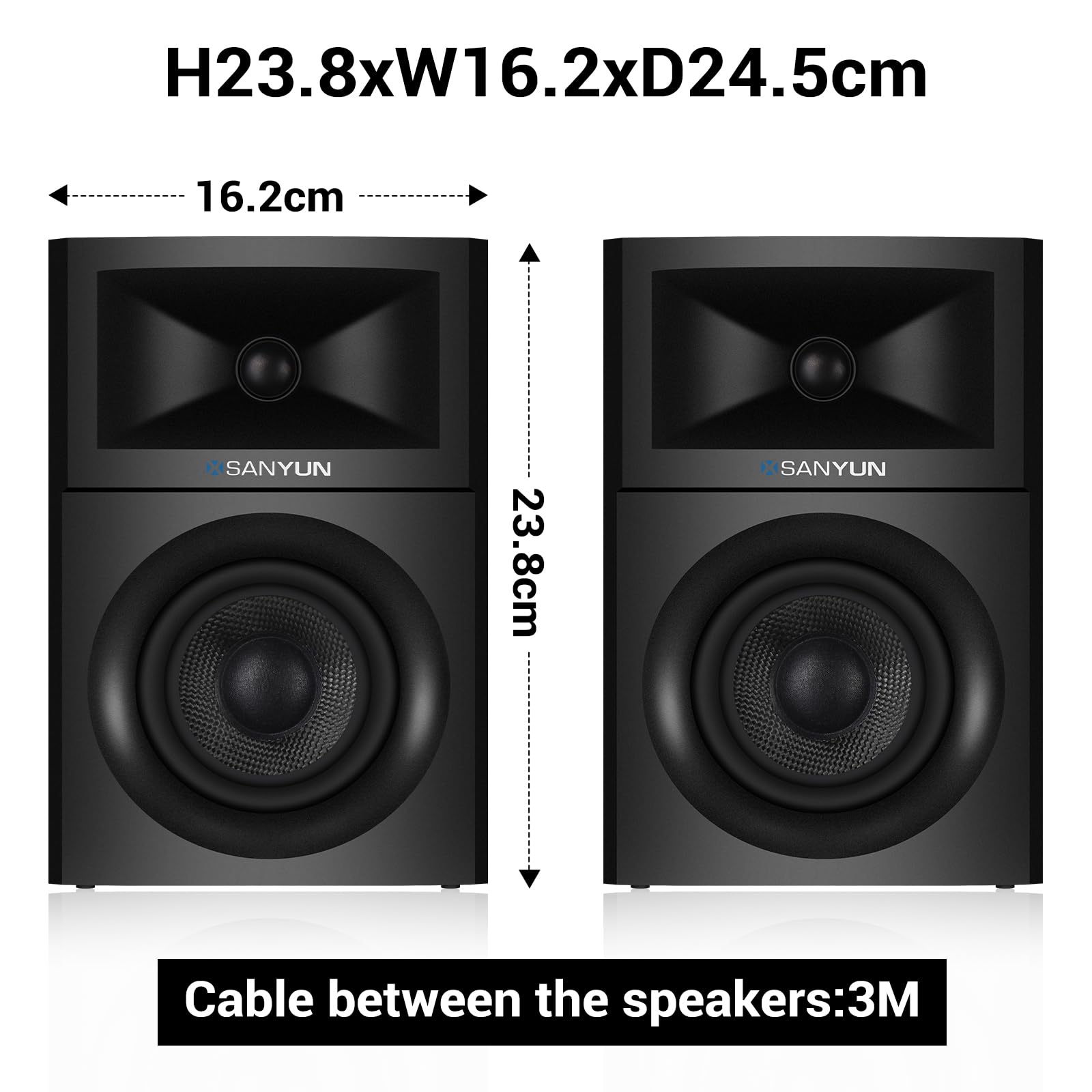 Sanyun SW203 4.0 Computer Speakers - 60W 4-Way DSP Control 3D Immersive Sound - 3" Carbon Fiber Woofer & 20mm Silk Dome Tweeter - 24bit DAC USB/Bluetooth 5.4/AUX - Studio-Grade Audio (Pair, Black)