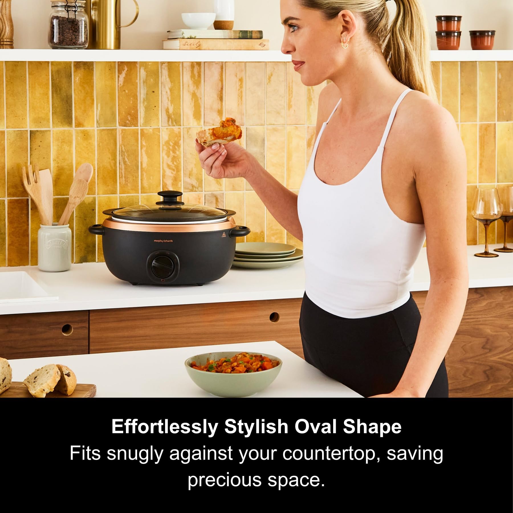 Morphy Richards 6.5L Sear and Stew Slow Cooker, Dishwasher Proof Non Stick Aluminum Pot, Cool Touch Handles, Matte Black and Rose Gold, 461016