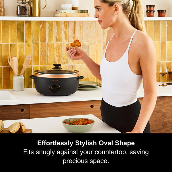 Morphy Richards 6.5L Sear and Stew Slow Cooker, Dishwasher Proof Non Stick Aluminum Pot, Cool Touch Handles, Matte Black and Rose Gold, 461016